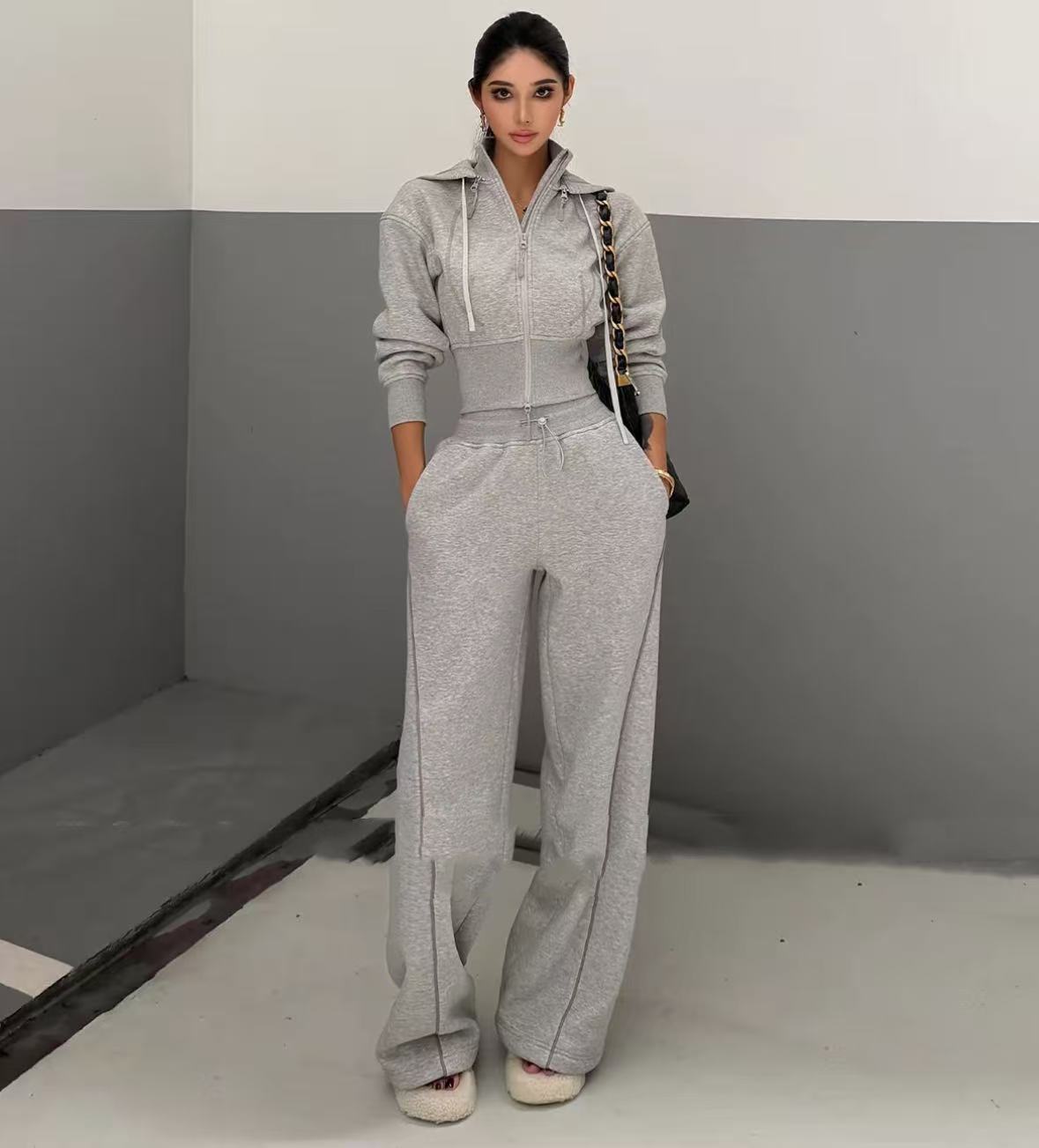 한국 2026 봄 새로운 캐주얼 세트 블랙 기술 당겨서 플러시 보온 수 있습니다. 철거 후드 스탠드 칼라 후드티 와이드 레그 팬츠