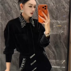 批发法式名媛优雅女人味精致重工设计闪钻领带<b class='q'>丝绒</b>衬衫上衣+裤子<b class='q'>套装</b>