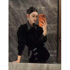 批发法式名媛优雅女人味精致重工设计闪钻领带丝绒衬衫上衣+裤子<b class='q'>套装</b>