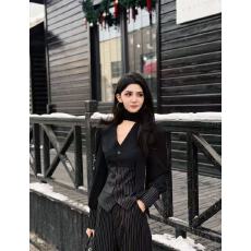 批发黑色条纹收腰衬衫高腰显瘦直筒裤<b class='q'>套装</b>女欧货御姐轻奢OL时尚两件套