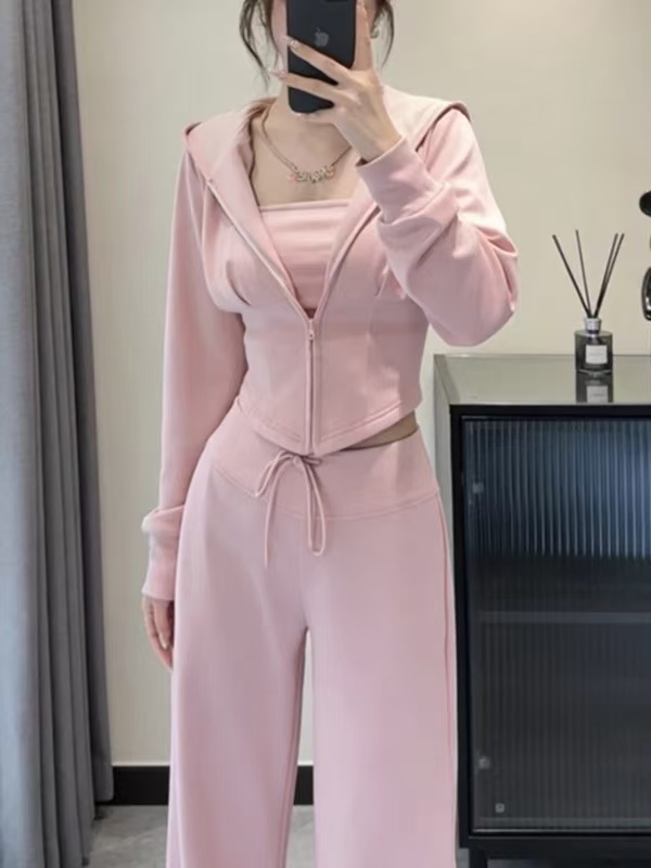 핑크색 후드 티 스웨터 캐주얼 스포츠 슈트 여성 봄 가을 겨울 품격 연령 감소 패션 외국 가스 고급 센스 3종 세트