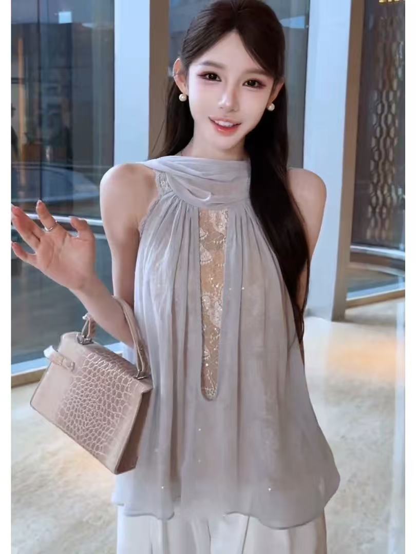 핑크색 pink Tulle 달빛 디자인 센스 프랑스식 품격 패치워크 레이스 작은 대중 민소매 허리 수축 맨위 여성