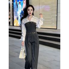 批发N.CO妮蔻2026春新款时髦通勤风气质百搭拼色假两件衬衫裤子套装女