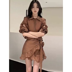 批发法式复古<b class='q'>休闲</b>衬衫<b class='q'>套装</b>裙女2026新款polo领衬衫荷叶边半身裙两件套