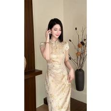 批发夏季新中式复古气质显瘦改良旗袍裙国风提花立裁修身连衣裙