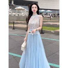 批发夏季贵气感御姐穿搭轻奢高级感女人味茶里茶气蓝色蕾丝<b class='q'>连衣裙</b>套装