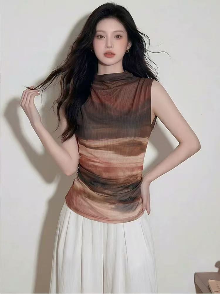 디자인 센스 망사 홀치기 염색 레트로 핫걸 민소매 조끼 여성 여름 새로운 몸매 가꾸기 슬림해 보이는 반하이넥 맨위 트렌디