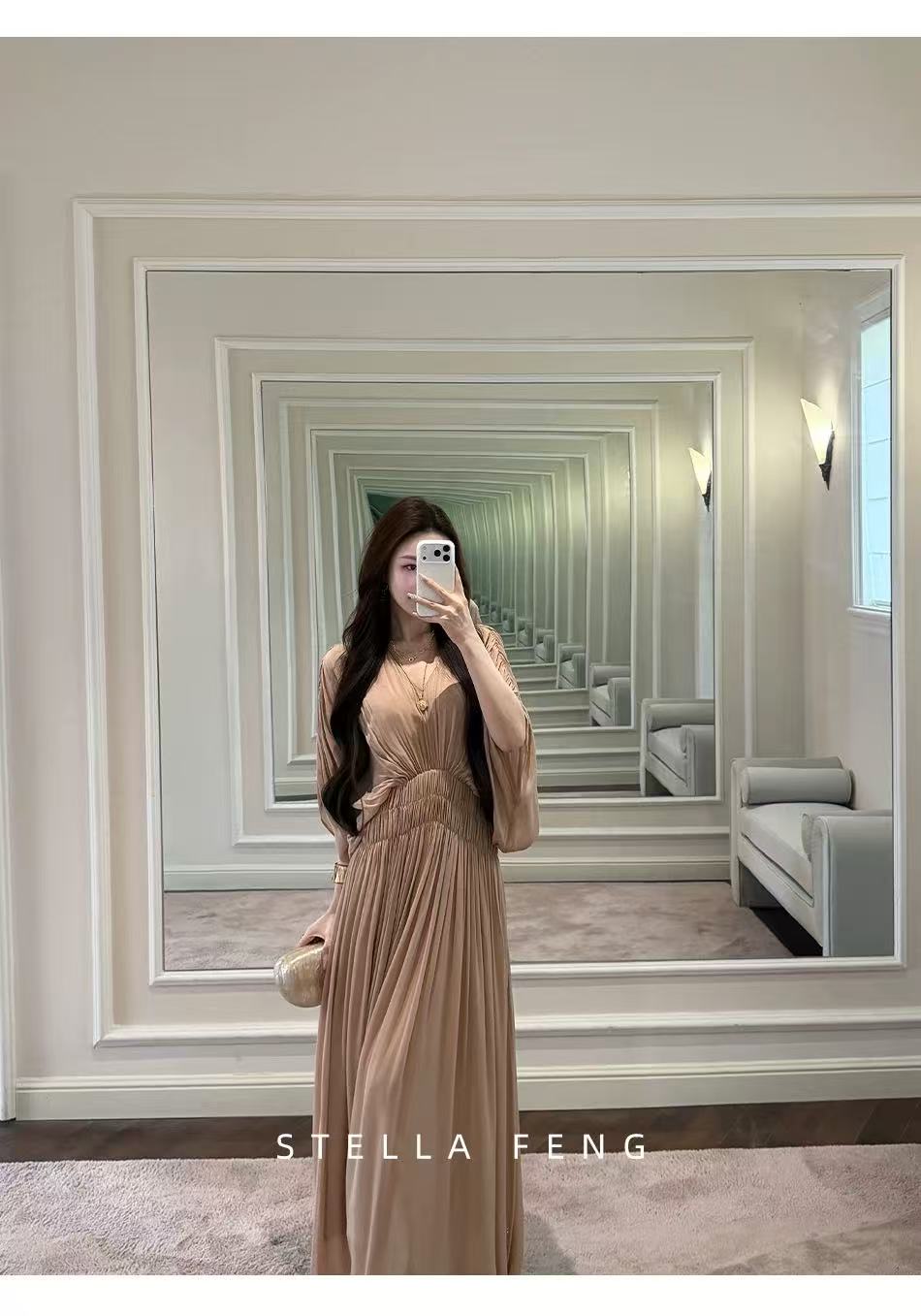 펭 급여 잉 뮤 S 여신 프랑스식 우아함 가벼움 주름 가을 어깨 배트윙 소매 V넥 슬림해 보이는 허리 수축 드레스