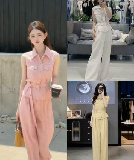 느슨함 센스 착용 가져 가라. 여름 ootd 전체 집합 튀김 거리 연령 감소 민소매 워크웨어 셔츠 와이드 레그 팬츠 투피스 슈트 여성
