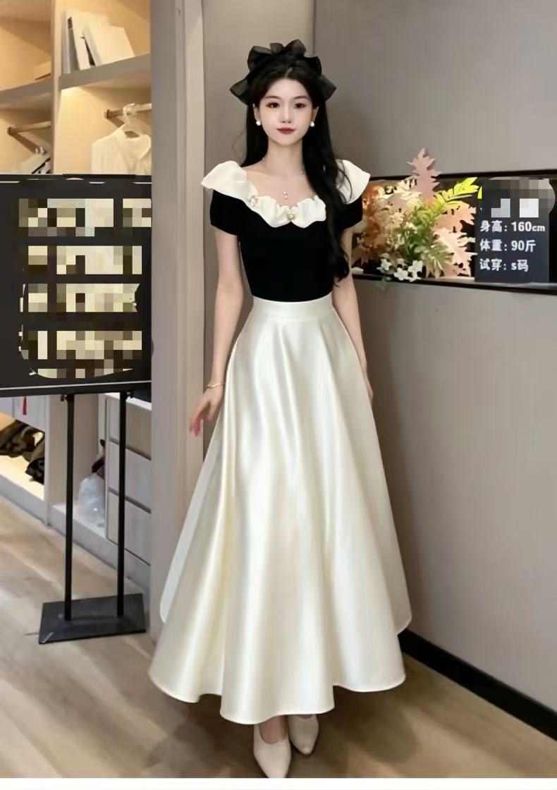 2026 프랑스식 여름 오프숄더 새틴 세트 드레스 여성 천 금빛 바람 착용 가져 가라. 전체 집합 검정색 프랑스식 드레스