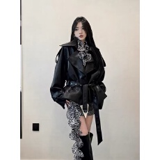 批发美式复古翻领皮衣外套女秋冬季<b class='q'>街头</b>感休闲百搭收腰系带皮夹克上衣