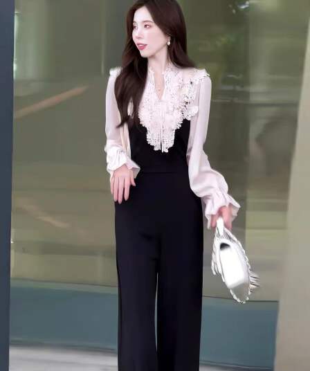 2026 이른 가을 새로운 레이스 조각 셔츠 멜빵 바지 두 조각 여성 세트 지성 우아함 품격 하이웨이스트 넓은 다리 세트