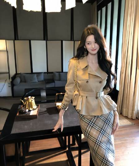 하나부터 순간 반도 라이 경기 서울 면 쇼트 스타일 재킷 재킷 레트로 체크무늬 타이트 스커트 반 스커트 출퇴근 착용 가져 가라.