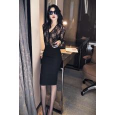 批发设计感性感V领蕾丝提花拉链长袖上衣女黑色修身弹力打底衫辣妹风