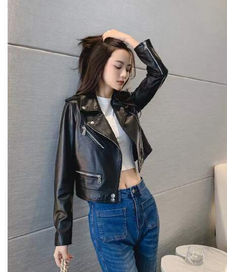 가죽 재킷 여성 짧은 2026 봄 가을 새로운 가져 오기 양 가죽 오토바이 서비스 슬림해 보이는 정장 칼라 몸매 가꾸기 검정색 재킷