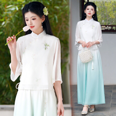 批发实拍2026春夏新款新中式国风改良旗袍印花上衣<b class='q'>复古</b>文艺女茶艺套装