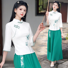 批发实拍2026春夏新款新中式国风棉麻绣花立领修身复古文艺茶服工作<b class='q'>装</b>