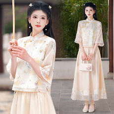 批发实拍2026春夏新款新中式国风改良旗袍印花上衣复古文艺女茶服套装