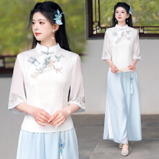 批发实拍2026春季新款新中式国风棉麻刺绣立领修身茶服<b class='q'>上衣</b>雪纺<b class='q'>裤</b>套<b class='q'>装</b>