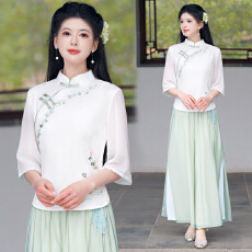 批发实拍2026春夏新款新中式国风棉麻刺绣立领修身茶服<b class='q'>上衣</b>雪纺<b class='q'>裤</b>套<b class='q'>装</b>