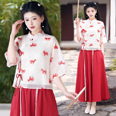 批发马上有钱实拍2026春夏新款新中式国风改良旗袍印花上衣女工作套装