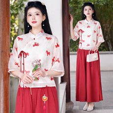 批发马上有钱实拍2026春夏新款新中式国风改良旗袍印花<b class='q'>上衣</b>雪纺<b class='q'>裤</b>套<b class='q'>装</b>