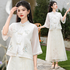 批发实拍2026春夏新款新中式国风流光纱刺绣复古国风半袖上衣茶服套装