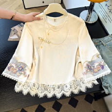 批发实拍2026夏季新款新中式国风新品缎面暗花蕾丝拼接圆领长袖女衬衣