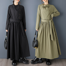 批发实拍<b class='q'>春</b>秋新款宽松文艺设计感半高领褶皱拼接中长款显瘦气质连衣裙