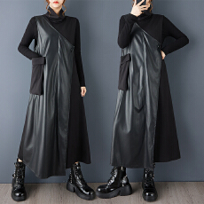 批发实拍<b class='q'>春</b>秋新款宽松复古时尚PU不规则大口袋拼接气质显瘦背心连衣裙