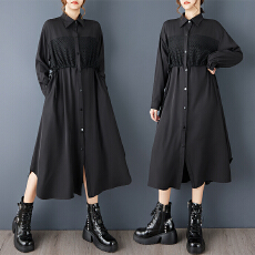 批发实拍<b class='q'>春</b>秋新款宽松暗黑风大码收腰拼接时尚显瘦中长款衬衫连衣裙