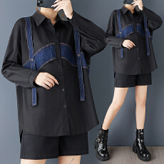 批发实拍春秋新款宽松设计感拼接牛仔长袖上衣时尚显瘦百搭洋气<b class='q'>衬衫</b>