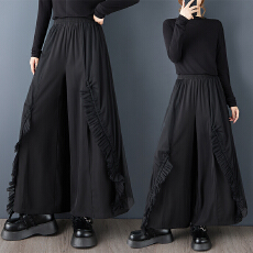 批发实拍春秋新款宽松暗黑<b class='q'>网纱</b>抽绳拼接阔腿裤百搭显瘦松紧腰休闲裤<b class='q'>裙</b>