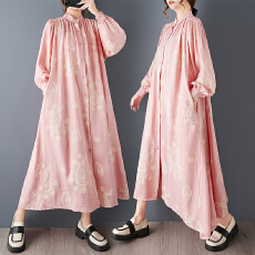 批发实拍<b class='q'>春</b>秋新款宽松大码立领时尚印花褶皱拼接中长款气质衬衫连衣裙