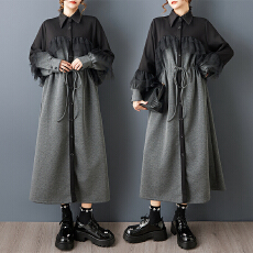 批发实拍春<b class='q'>秋</b>新款宽松时尚暗黑风设计感褶皱网纱拼接气质连衣裙外套