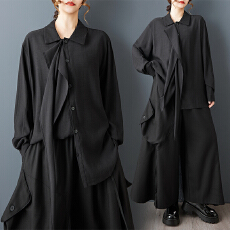 批发实拍春装新款宽松暗黑风小众设计时尚翻领飘带<b class='q'>衬衫</b>上衣+阔腿裤