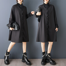 批发实拍春<b class='q'>秋</b>新款宽松暗黑流苏吊坠定制拼接木耳边设计时尚衬衫连衣裙