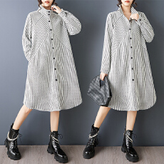 批发实拍宽松新款<b class='q'>时尚</b>针织条纹不规则拼接立领气质个性休闲中长<b class='q'>连衣裙</b>
