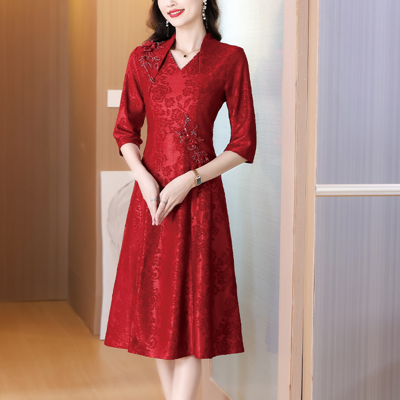 RY1785# 喜婆婆婚宴旗袍高贵年轻2025新款红色绣花A摆结婚妈妈喜服...