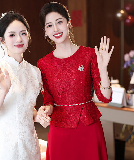 결혼 연회 안녕하세요. 엄마 예복 와인 레드 안녕하세요. 시어머니 결혼 결혼 연회 중년 엄마 고급 결혼식 드레스