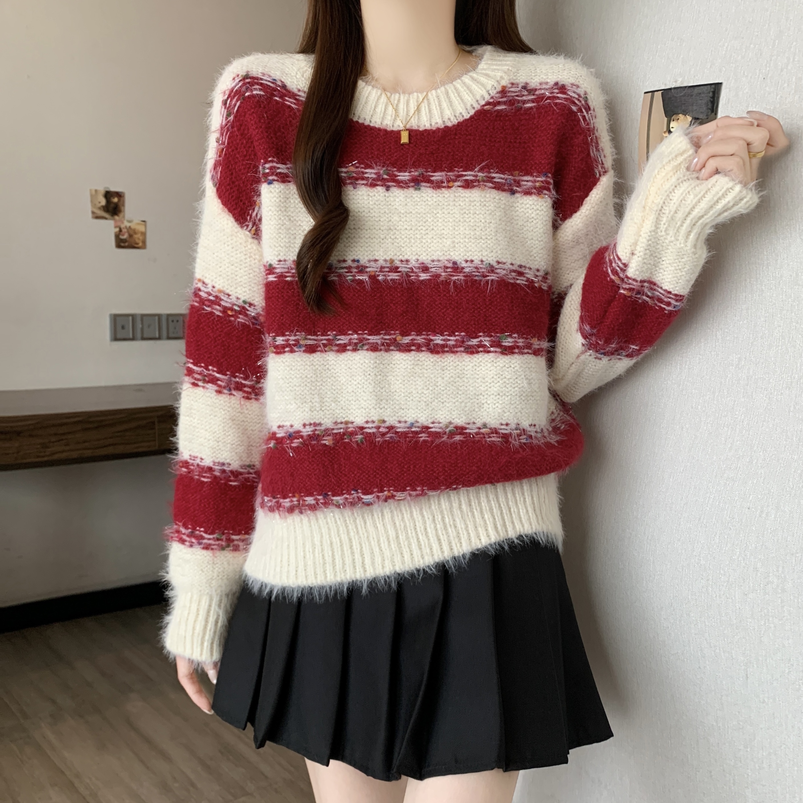MY13985# 原版加厚新款慵懒高级感复古拼色毛衣女士内搭软糯女裝貨源服...