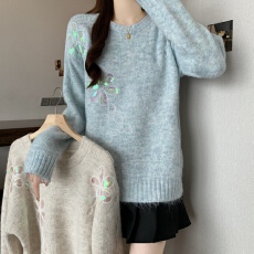 实拍灰色花朵亮片圆领毛衣女秋冬新款宽松慵懒风针织上衣针织衫