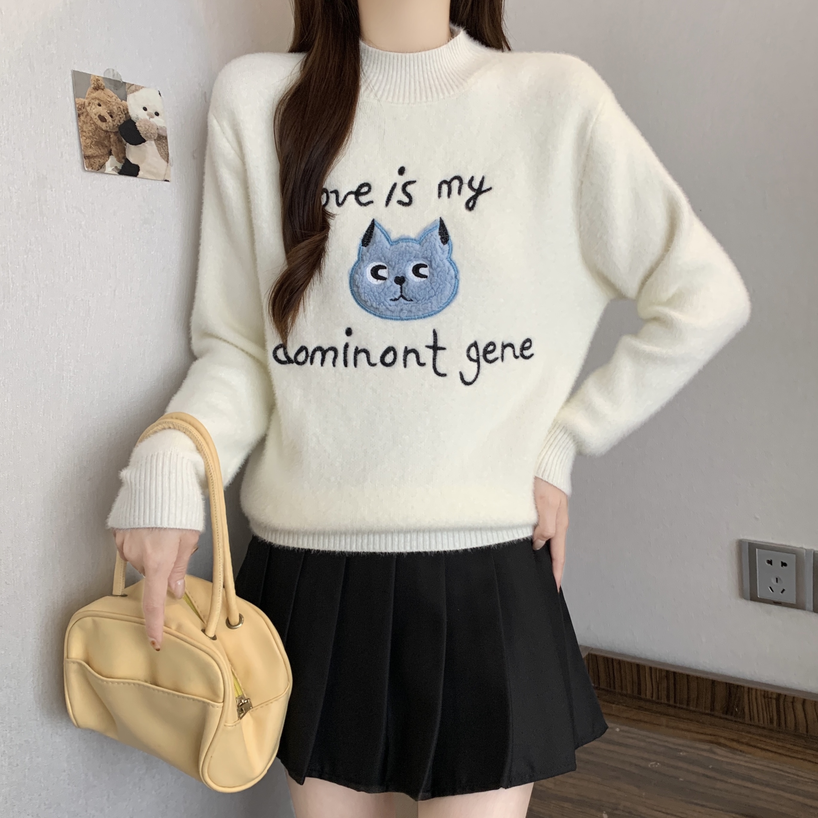 MY14771# 新款加厚宽松休闲刺绣猫咪圆领套头打底毛衣外套女裝貨源服裝...