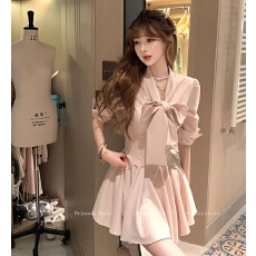 批发Lazy Didi小说女主 日常通勤收腰鱼尾衬衫裙蝴蝶结系带千金连衣裙