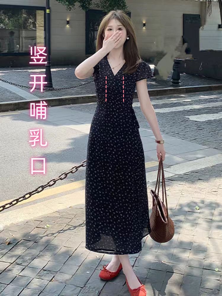 프랑스식 레트로 부드러운 꽃무늬 V넥 반팔 임산부 수유 여성 드레스 여름 새로운 작은 키 품격