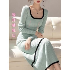 批发<b class='q'>孕妇</b><b class='q'>哺乳裙</b>法式气质方领针织毛衣连衣裙女秋冬独特漂亮气质长裙