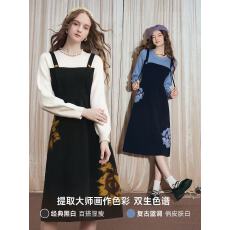 批发孕妇哺乳连衣裙2025<b class='q'>秋</b>季新款向日葵拼色假两件针织毛衣连衣裙