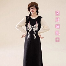 批发孕妇哺乳裙法式花边领针织假两件长裙冬季保暖长袖连衣裙