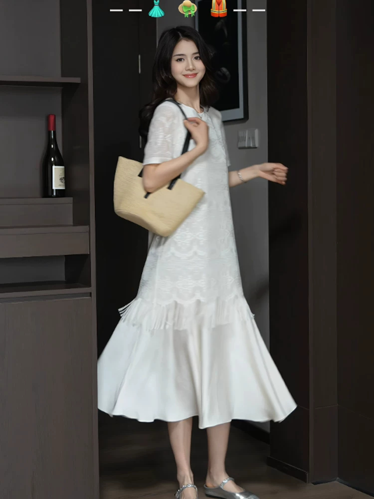 재고 있음 술 패치워크 임산부 수유 여성 드레스 2026 여름 새로운 미니멀리즘 루즈핏 인어 꼬리 스커트 중간 길이 스커트