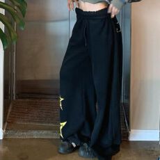 批发好质量美式慵懒风星星印花抽绳阔腿卫裤男女休闲垂感百搭拖地长裤